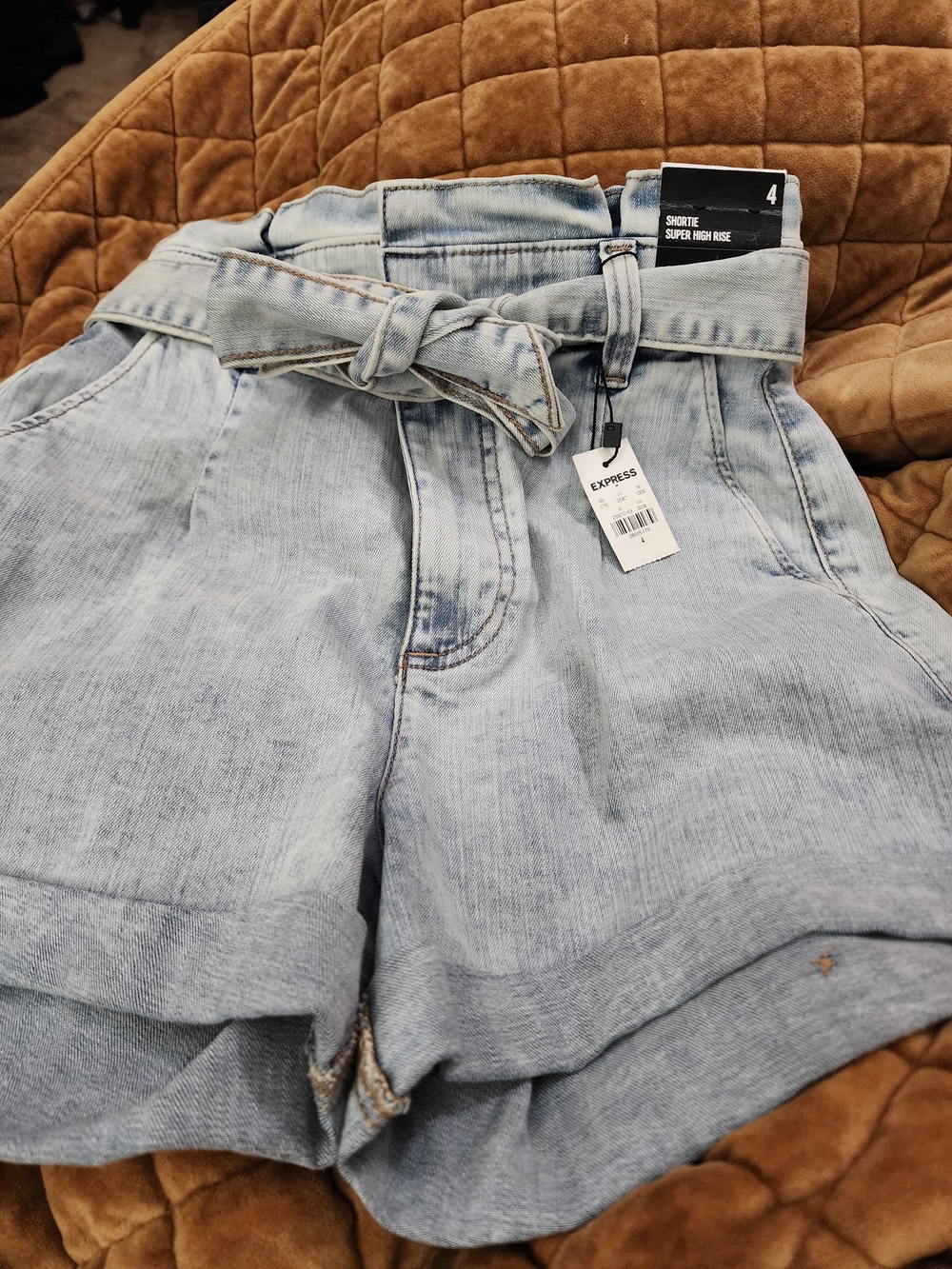 Express Light Wash Denim Paperbag Waist Shorts - Light Blue